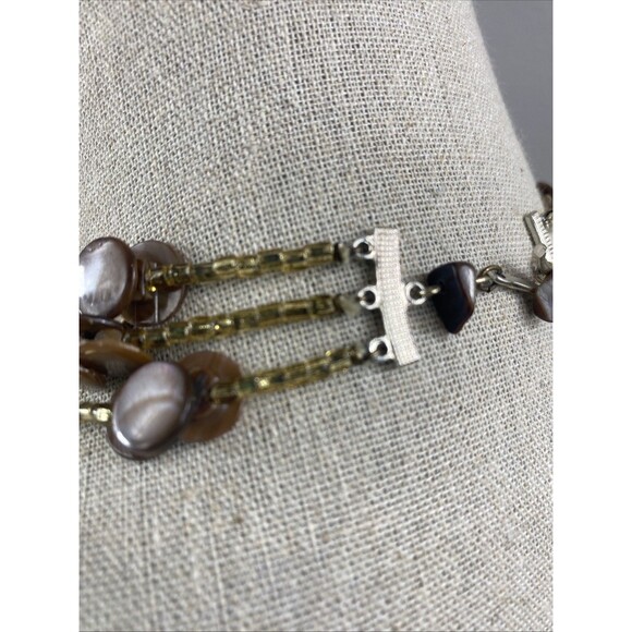 Vintage 13" Choker Necklace Tan Crystal MOP Shell 3 Strands BOHO - Picture 4 of 7
